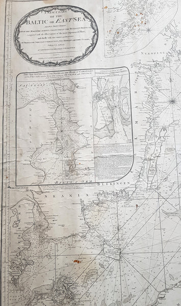1794 Laurie & Whittle Large Very Rare Blueback Map, Sea Chart of The Baltic Sea