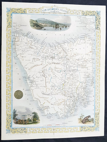 1851 John Tallis Beautiful Antique Map of Van Diemens Land or Tasmania Australia