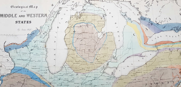 1843 James Hall Large Antique Geological Map of the United States & Great Lakes