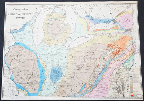 1843 James Hall Large Antique Geological Map of the United States & Great Lakes