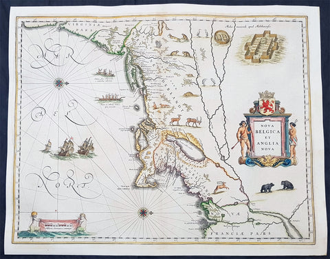 1642 Joan Blaeu Antique Map New England & NE America, Virginia New York to Maine
