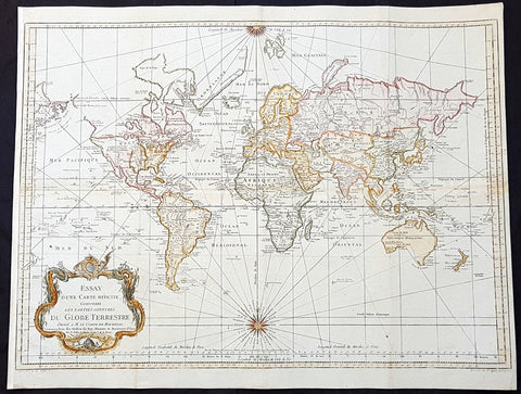 1748 (1770) Nicolas Bellin Large Antique World Map on Mercators Proj. Capt. Cook