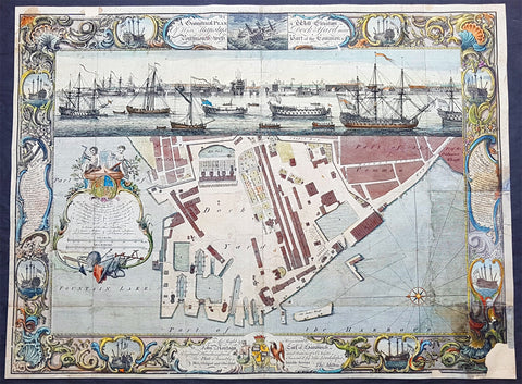1754 Milton, Cleveley, Canot Antique Plan View Portsmouth Dockyards, HMS Victory