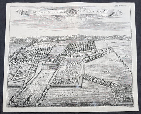 1719 J. Kip Antique View House & Garden of Lees Court, Lord Sondes Kent, England