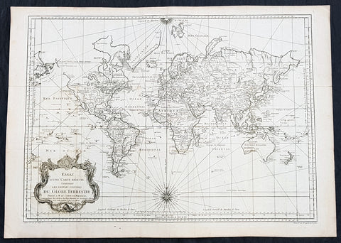1748 (1770) Nicolas Bellin Large Antique World Map with Capt. Cooks Discoveries