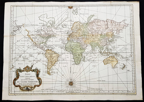 1748 (1770) Nicolas Bellin Large Antique World Map updated by Capt. Cook