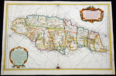 1758 J N Bellin Large Antique Map of The Caribbean Island of Jamaica