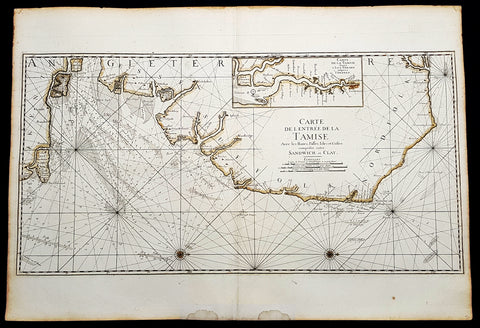 1693 A H Jaillot Large Sea Chart, Map of SE England and Thames Estuary, Clay to Sandwich
