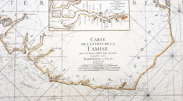 1693 A H Jaillot Large Sea Chart, Map of SE England and Thames Estuary, Clay to Sandwich