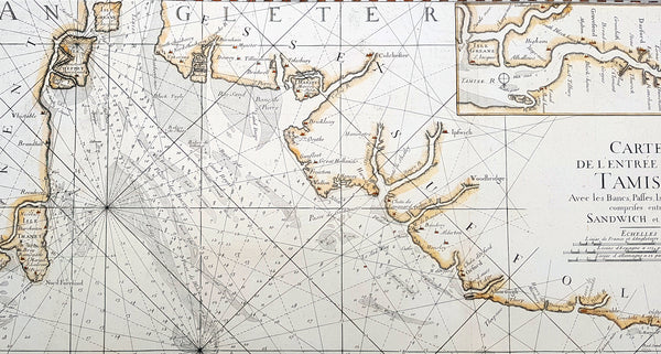 1693 A H Jaillot Large Sea Chart, Map of SE England and Thames Estuary, Clay to Sandwich