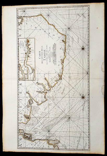 1693 A H Jaillot Large Sea Chart, Map of SE England and Thames Estuary, Clay to Sandwich