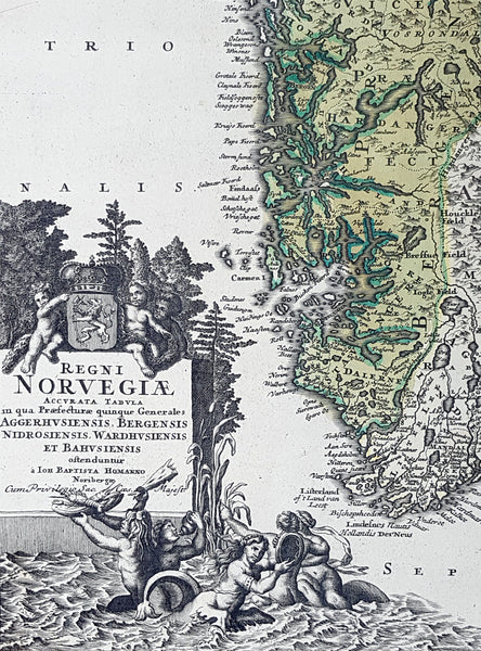 1720 J B Homann Large Original Antique Map of Norway - Regni Norvegiae