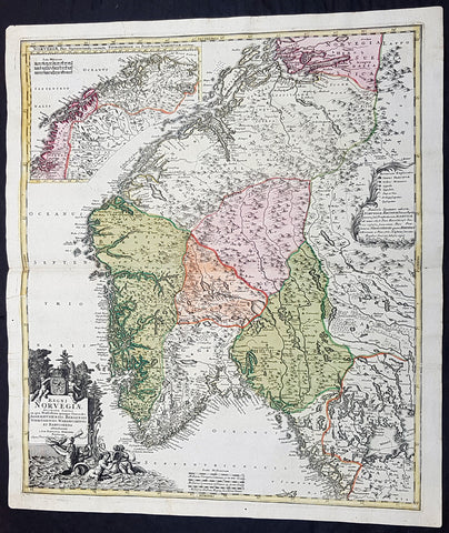 1720 J B Homann Large Original Antique Map of Norway - Regni Norvegiae