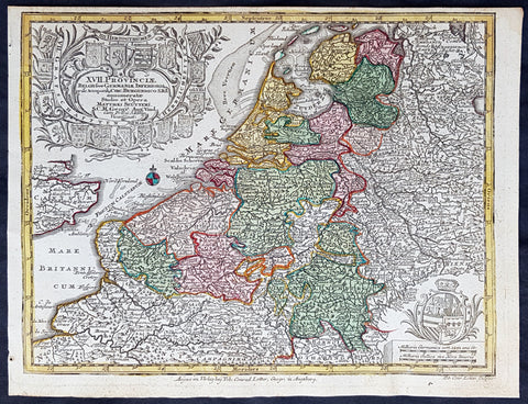 1744 Georg Mattaus Seutter Antique Map of The Netherlands, XVII Provinces