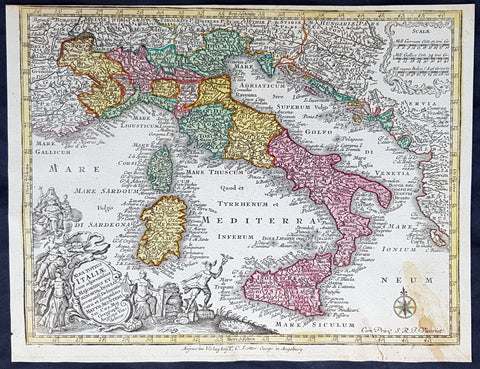 1744 Georg Mattaus Seutter Antique Map of Italy, Sicily Sardinia, Corsica