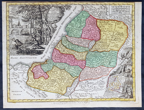 1744 Georg Mattaus Seutter Antique Map Holy Land, Palestine, Israel, XII Tribes