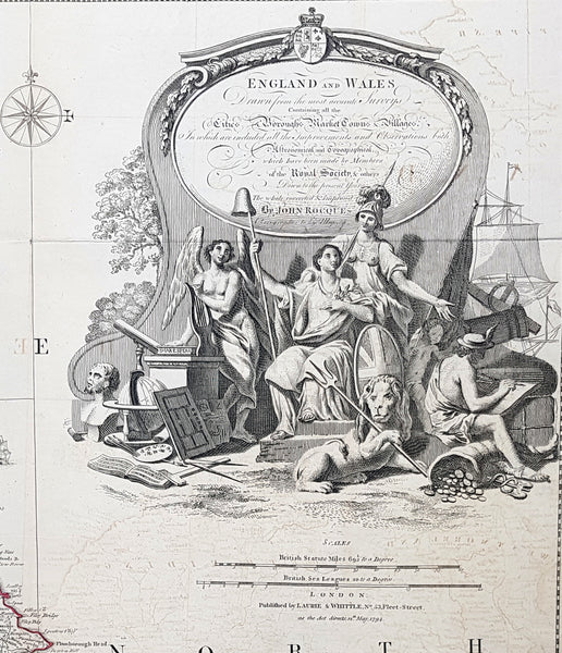 1794 Laurie & Whittle, John Rocque Large Antique Map England & Wales, Sea Battle