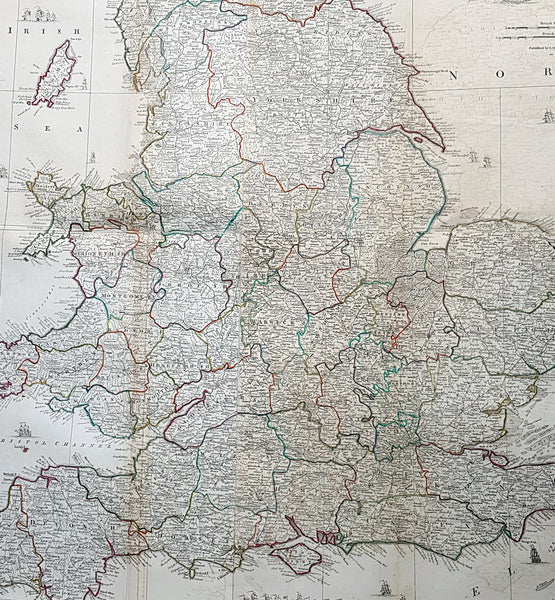 1794 Laurie & Whittle, John Rocque Large Antique Map England & Wales, Sea Battle
