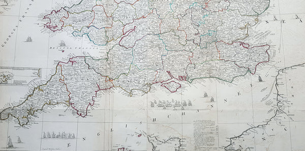 1794 Laurie & Whittle, John Rocque Large Antique Map England & Wales, Sea Battle