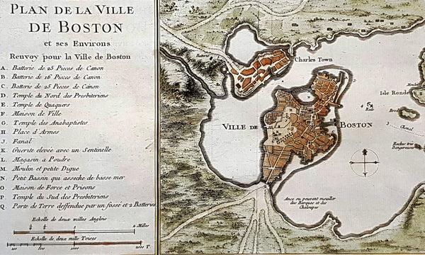 1756 J N Bellin Antique Map of The City of Boston & Charlestown