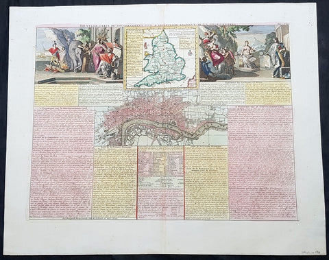1719 Henri Chatelain Large Antique Map of London, England & 2 Allegorical Views