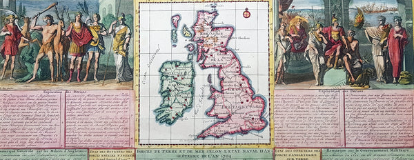 1719 Henri Chatelain Large Antique Map Great Britain & Ireland Allegorical Views