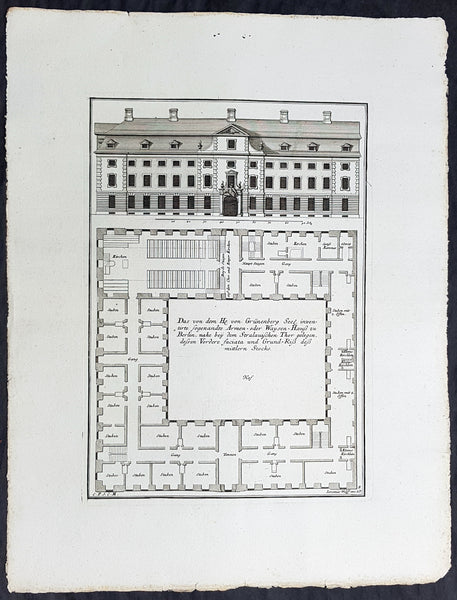 1740 Wolff & Corvinus Antique Arch Print of a Poorhouse near Stralau Gate Berlin