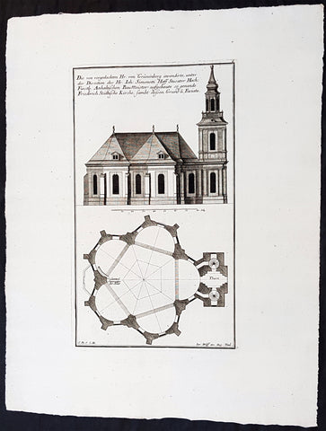 1740 Wolff & Corvinus Antique Arch. Print Jerusalem Church Friedrichstadt.Berlin