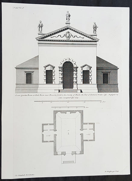 1724 Colen Campbell Antique Architect Print Garden Room Hall Barn, Downton Abbey