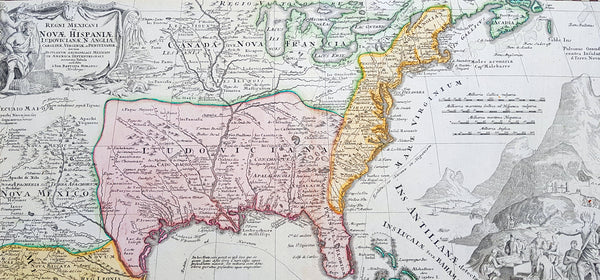 1712 J B Homann Large Antique 1st Edition Map of North & Central America