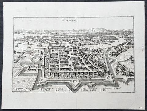 1652 Merian Antique Map Birds Eye View of the City of Szczecin or Stettin Poland