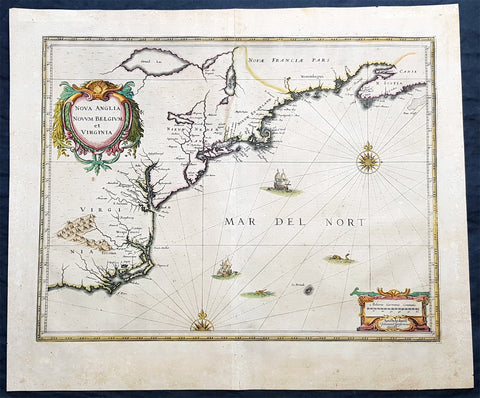 1639 Jan Jansson Antique Map of North America Virginia to New York to New England