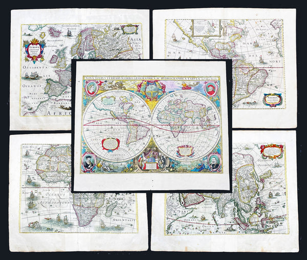 1630-31 Hondius Antique World & Four Continental Maps America Africa Asia & Europe